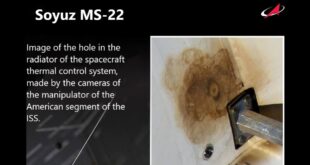 Image of hole on the Soyuz 22. Credit: Roscosmos.