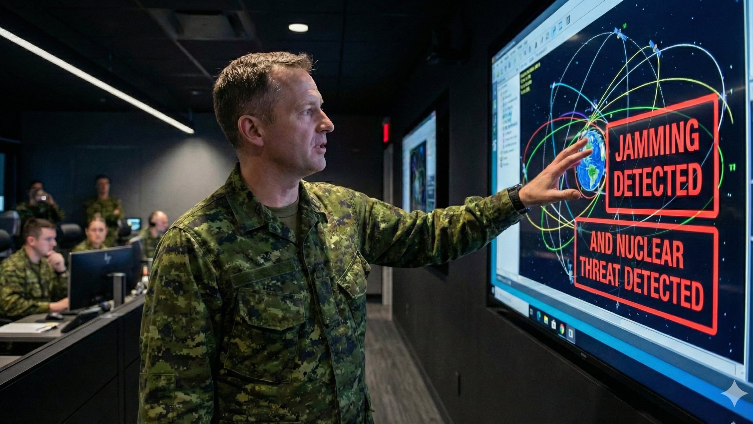 Illustration of satellite jamming and nuclear EMP threat in space