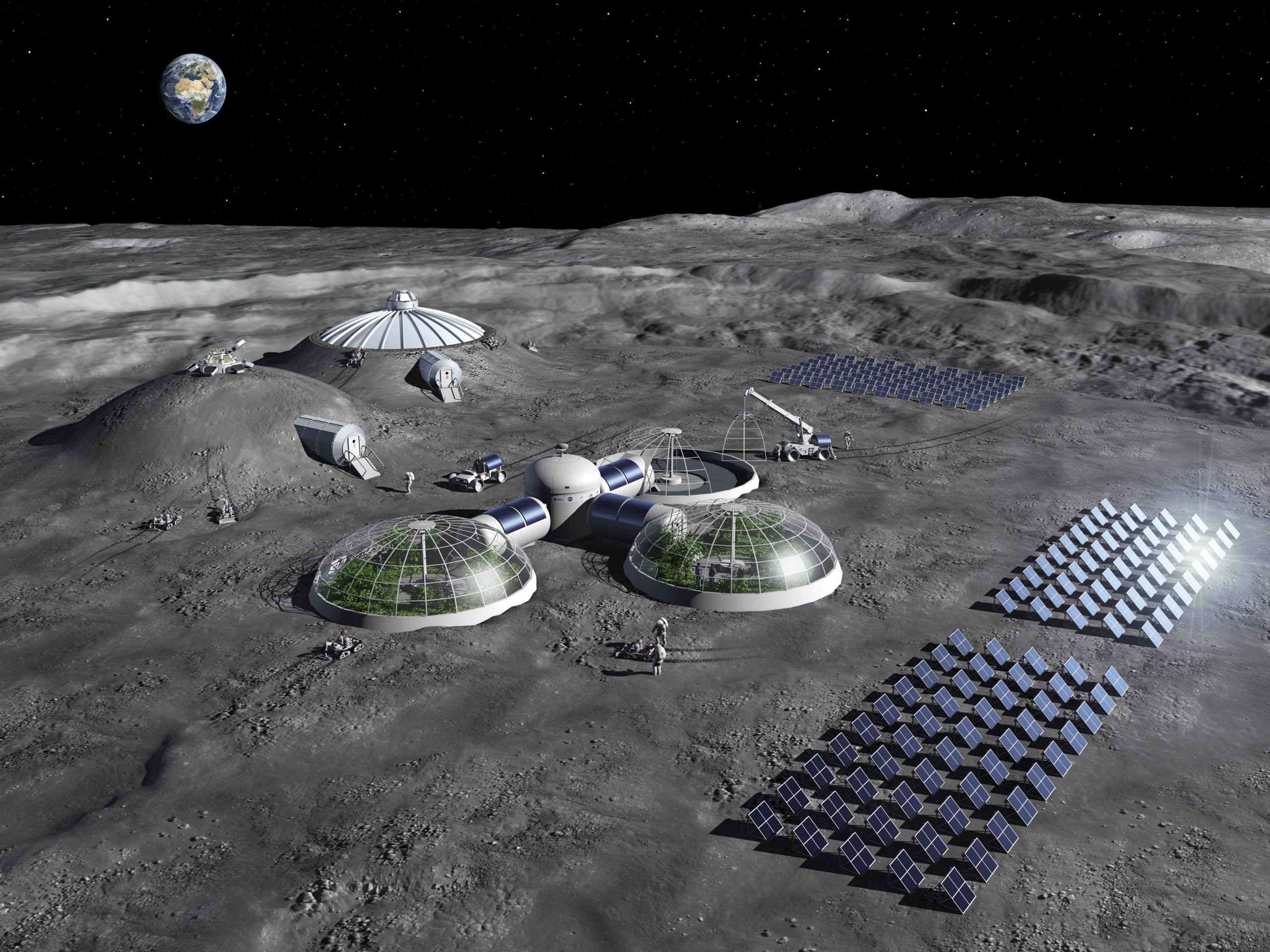 Artist impression of a future Moon base with communications satellites